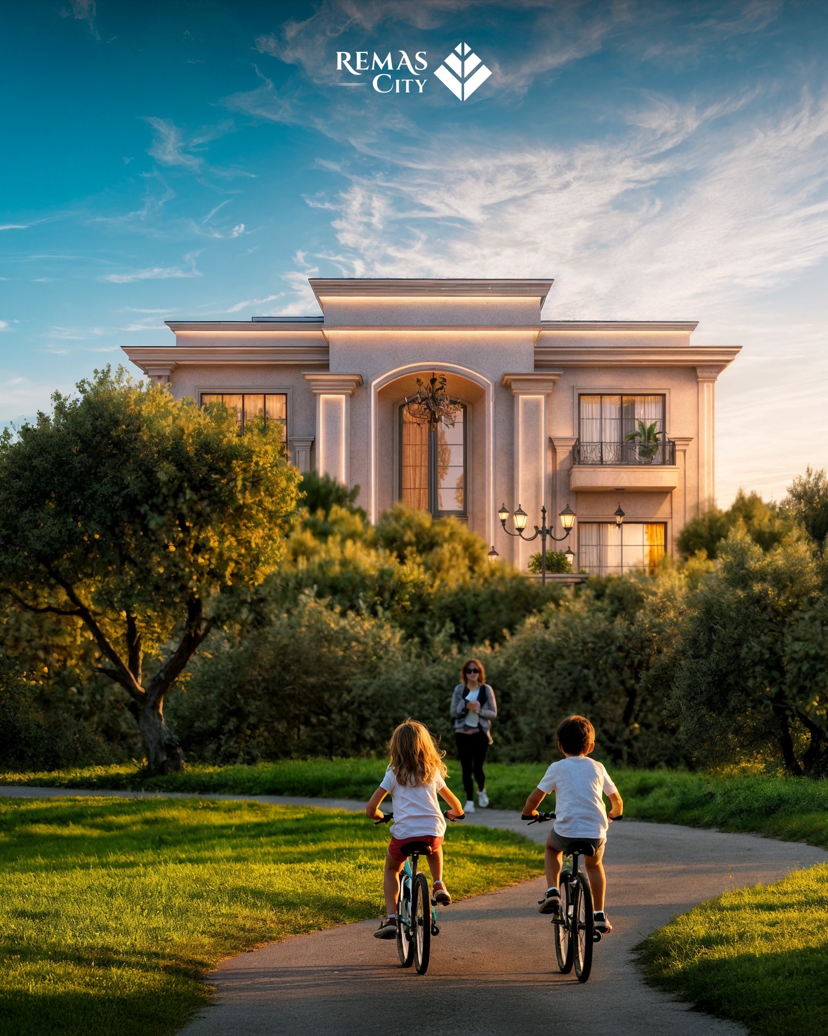 Remas City luxury villa with family cycling in beautiful landscaped community